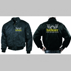 Hardcore - Pride, Strength, Family  čierna zimná letecká bunda BOMBER Winter Jacket s límcom, typ CWU z pevného materiálu s masívnym zipsom na zapínanie 100%nylón, čiastočne vodeodolná